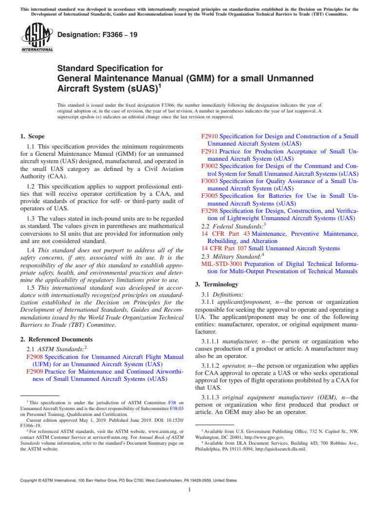 ASTM F3366-19 - Standard Specification for General Maintenance Manual (GMM) for a small Unmanned Aircraft  System (sUAS)