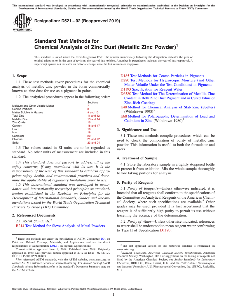 ASTM D521-02(2019) - Standard Test Methods for  Chemical Analysis of Zinc Dust (Metallic Zinc Powder)