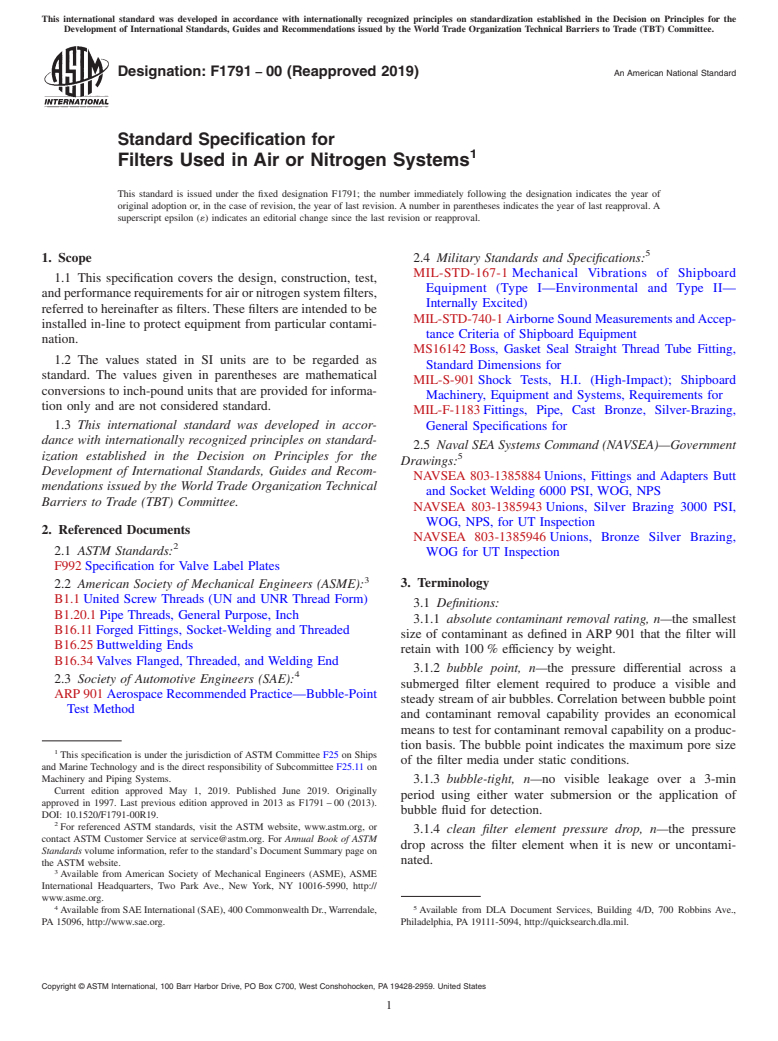 ASTM F1791-00(2019) - Standard Specification for  Filters Used in Air or Nitrogen Systems