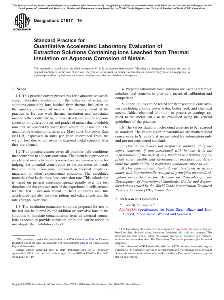 ASTM C1617-19 - Standard Practice for Quantitative Accelerated Laboratory Evaluation of Extraction  Solutions Containing Ions Leached from Thermal Insulation on Aqueous  Corrosion of Metals