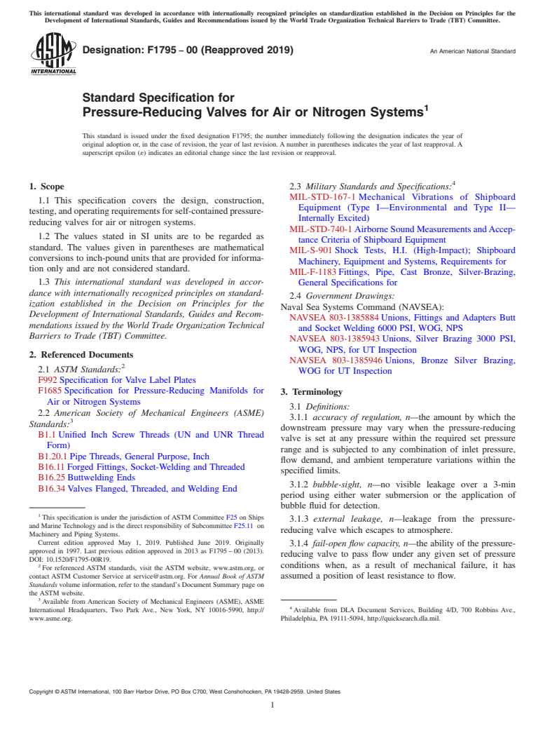 ASTM F1795-00(2019) - Standard Specification for  Pressure-Reducing Valves for Air or Nitrogen Systems