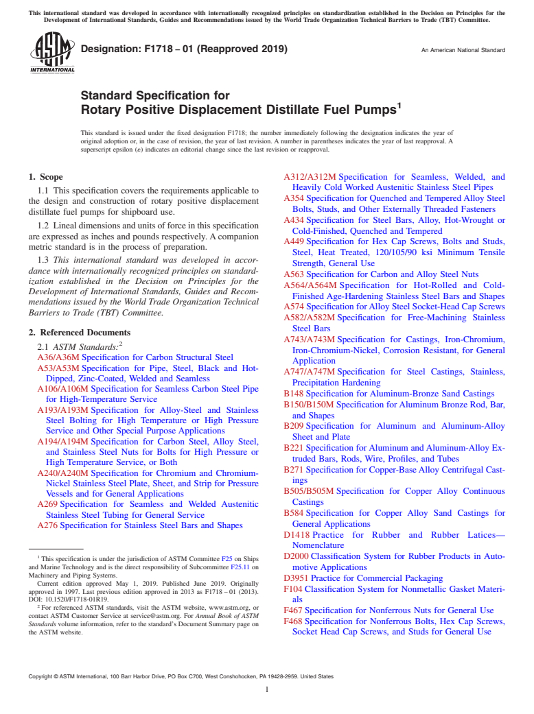 ASTM F1718-01(2019) - Standard Specification for  Rotary Positive Displacement Distillate Fuel Pumps