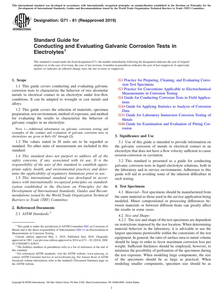 ASTM G71-81(2019) - Standard Guide for  Conducting and Evaluating Galvanic Corrosion Tests in Electrolytes