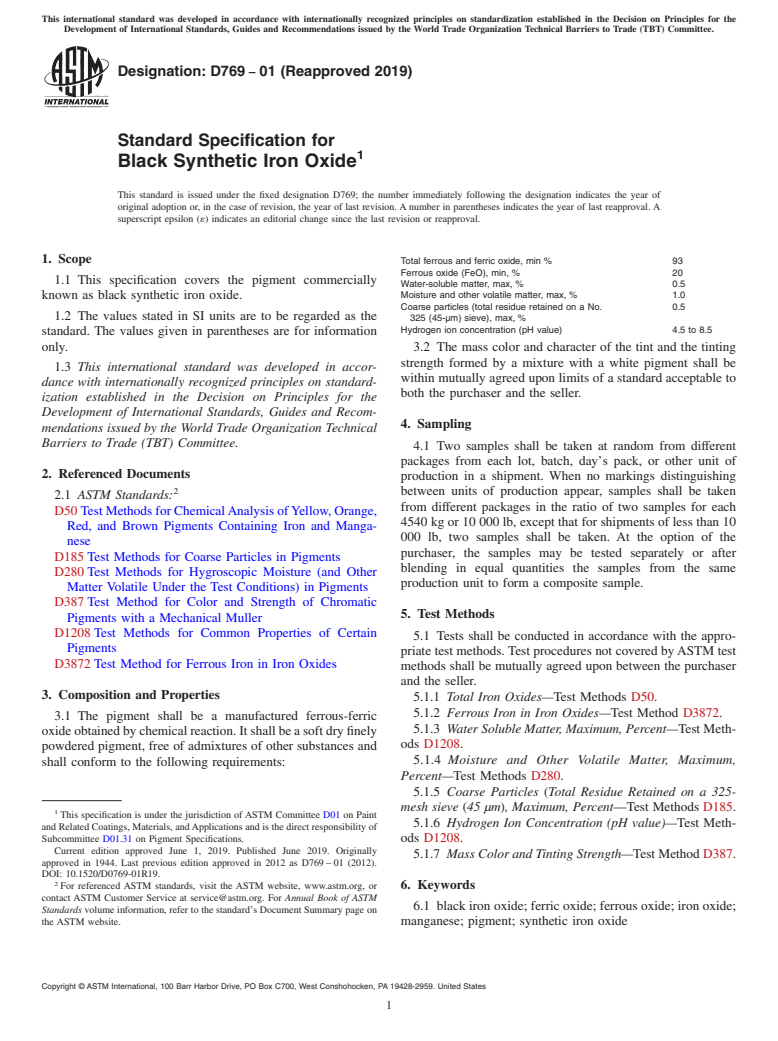 ASTM D769-01(2019) - Standard Specification for  Black Synthetic Iron Oxide