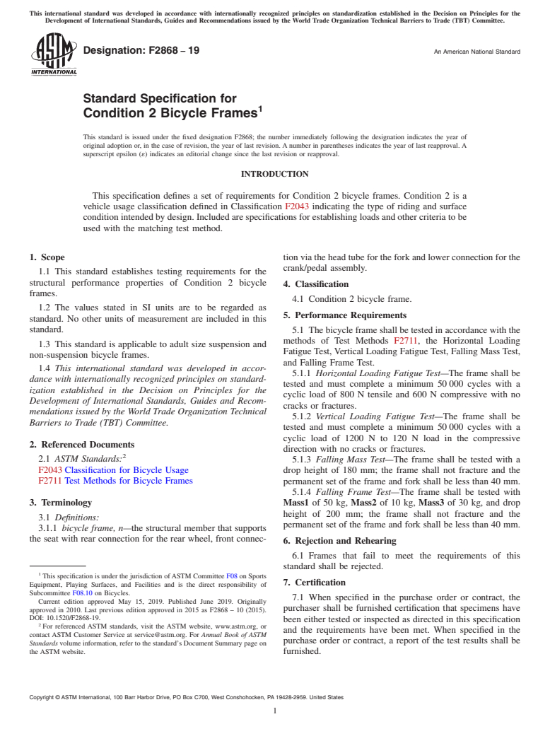 ASTM F2868-19 - Standard Specification for  Condition 2 Bicycle Frames