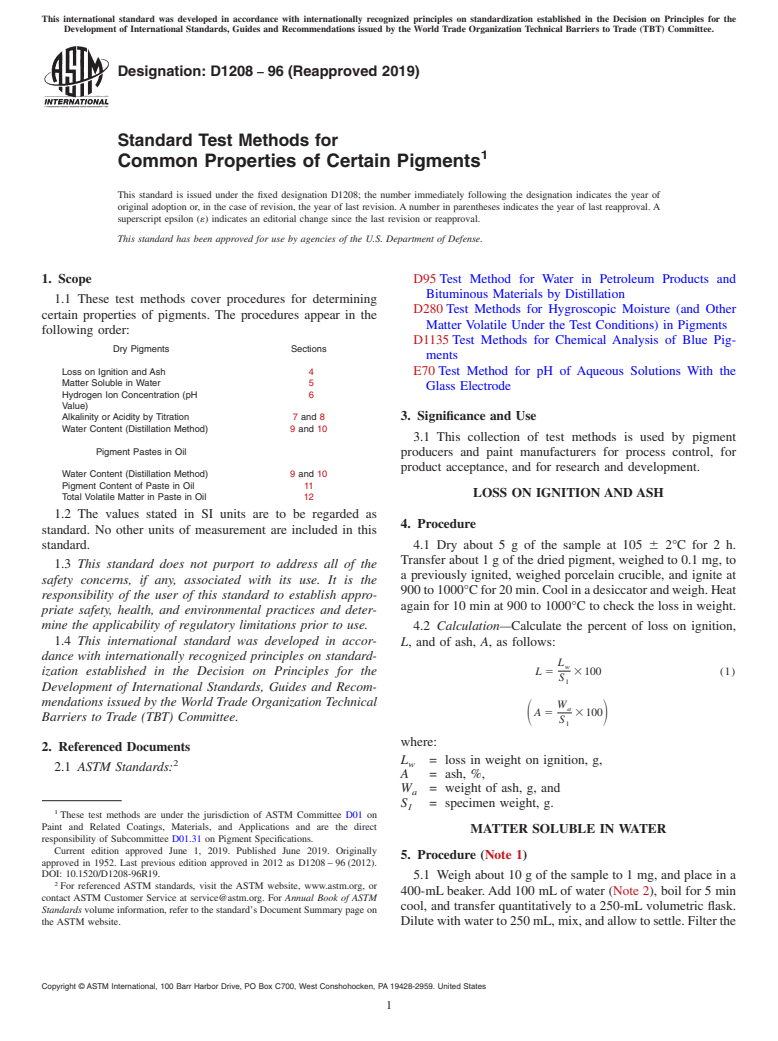 ASTM D1208-96(2019) - Standard Test Methods for  Common Properties of Certain Pigments