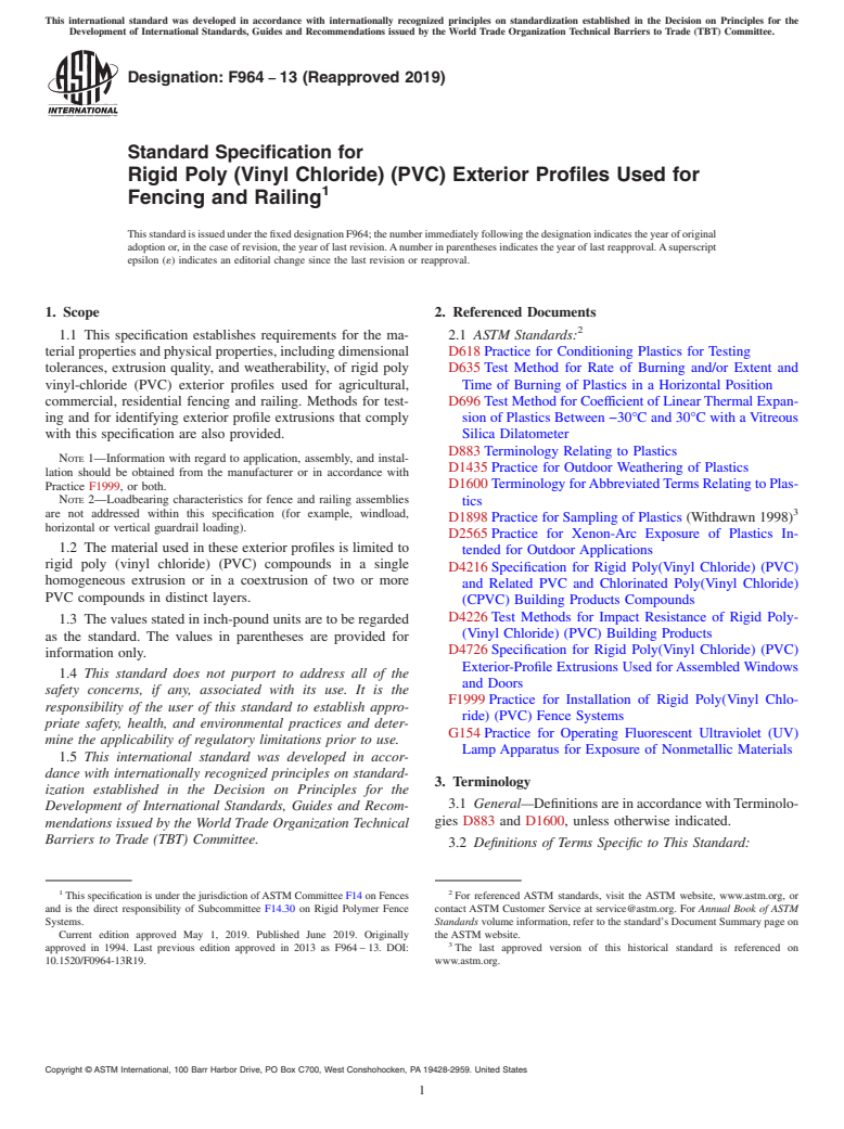 ASTM F964-13(2019) - Standard Specification for  Rigid Poly (Vinyl Chloride) (PVC) Exterior Profiles Used for  Fencing and Railing