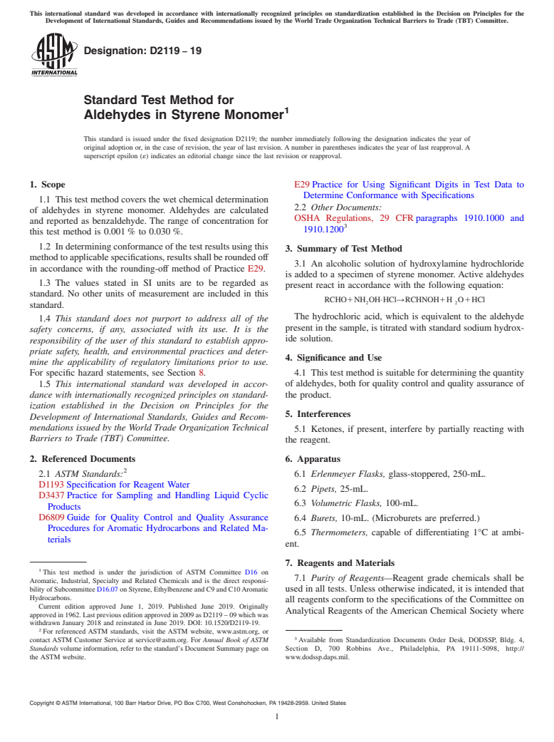 ASTM D2119-19 - Standard Test Method for  Aldehydes in Styrene Monomer
