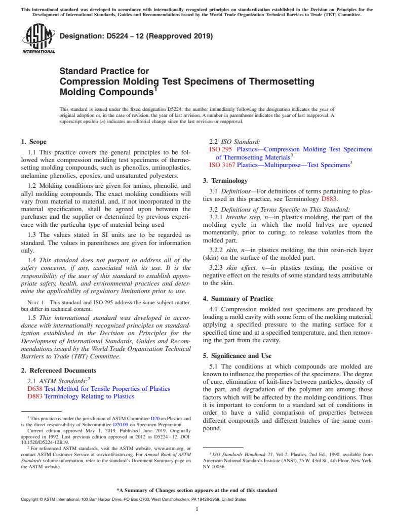 ASTM D5224-12(2019) - Standard Practice for  Compression Molding Test Specimens of Thermosetting Molding  Compounds