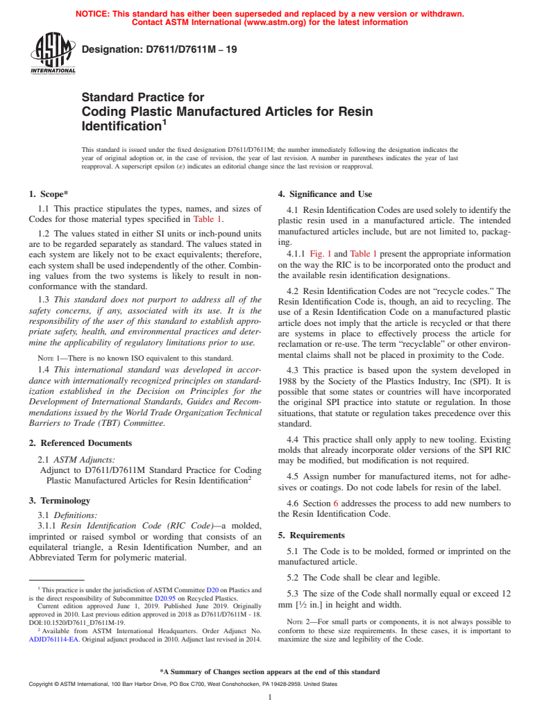 ASTM D7611/D7611M-19 - Standard Practice for Coding Plastic Manufactured Articles for Resin Identification