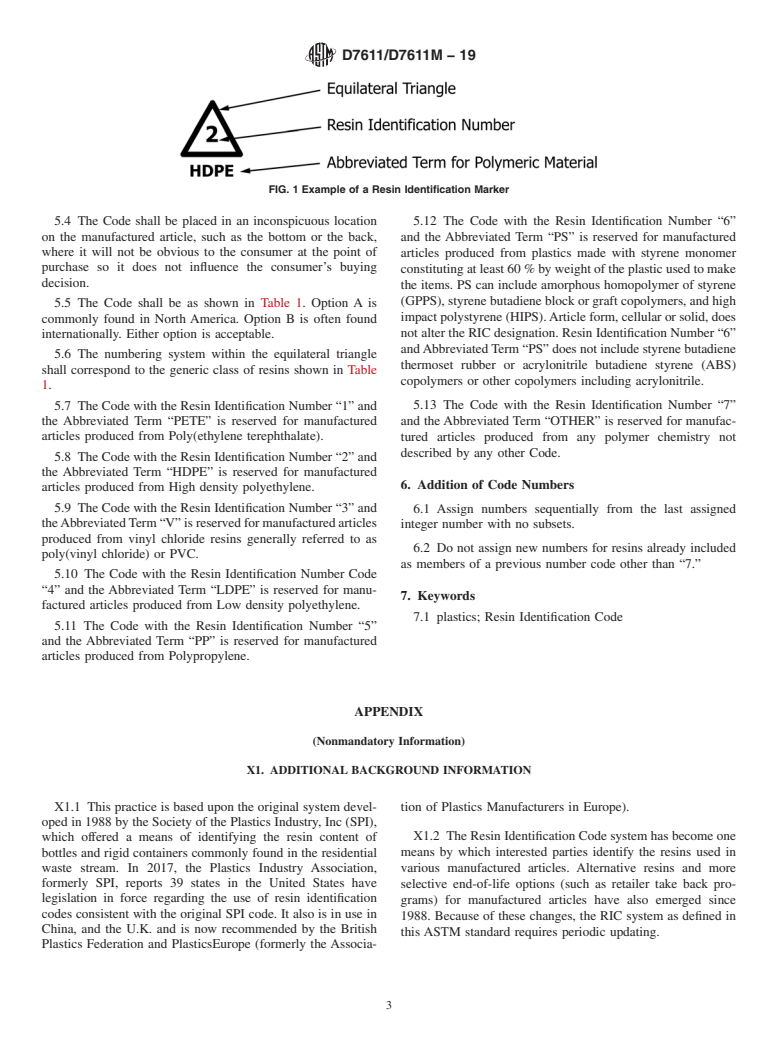 ASTM D7611/D7611M-19 - Standard Practice for Coding Plastic Manufactured Articles for Resin Identification