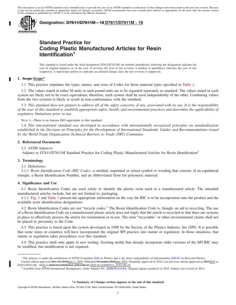 REDLINE ASTM D7611/D7611M-19 - Standard Practice for Coding Plastic Manufactured Articles for Resin Identification