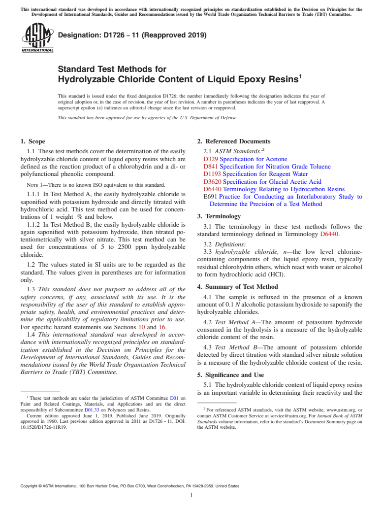 ASTM D1726-11(2019) - Standard Test Methods for  Hydrolyzable Chloride Content of Liquid Epoxy Resins