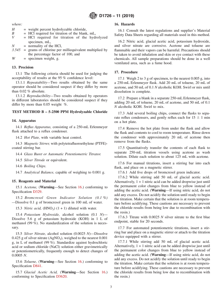 ASTM D1726-11(2019) - Standard Test Methods for  Hydrolyzable Chloride Content of Liquid Epoxy Resins