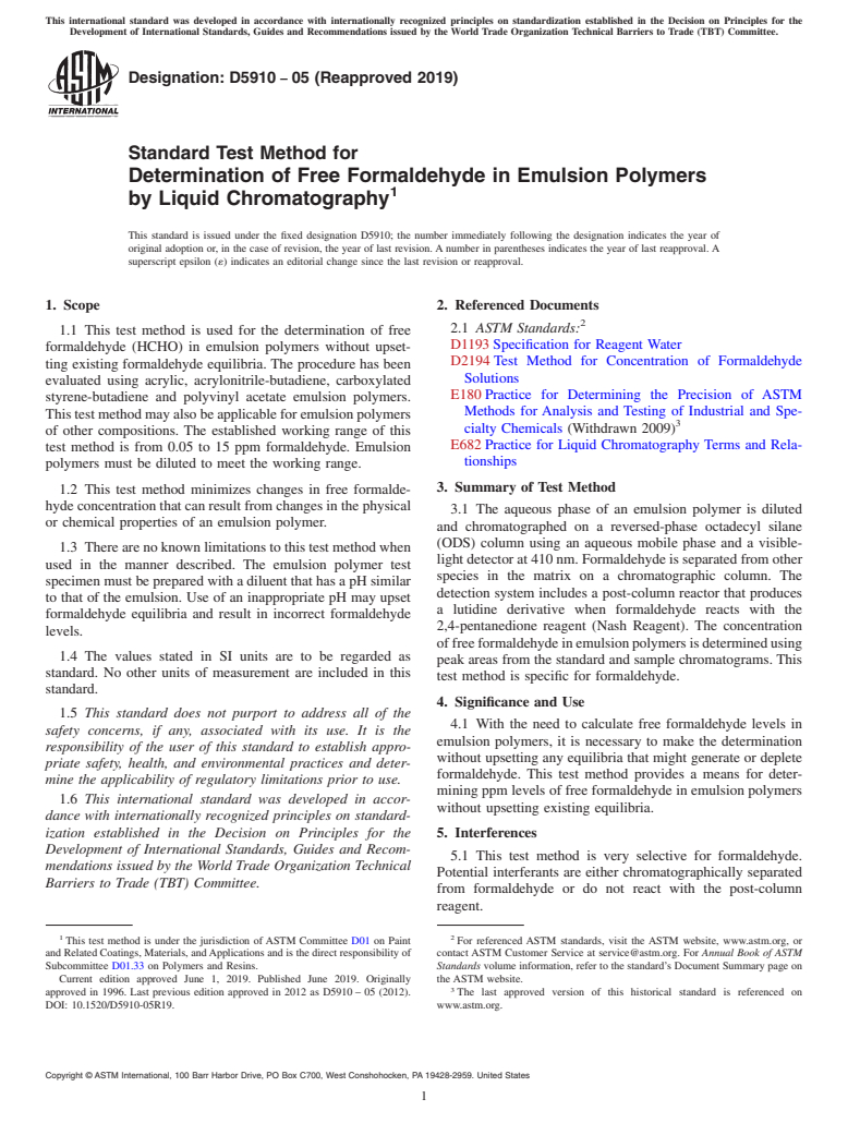 ASTM D5910-05(2019) - Standard Test Method for Determination of Free Formaldehyde in Emulsion Polymers by   Liquid Chromatography