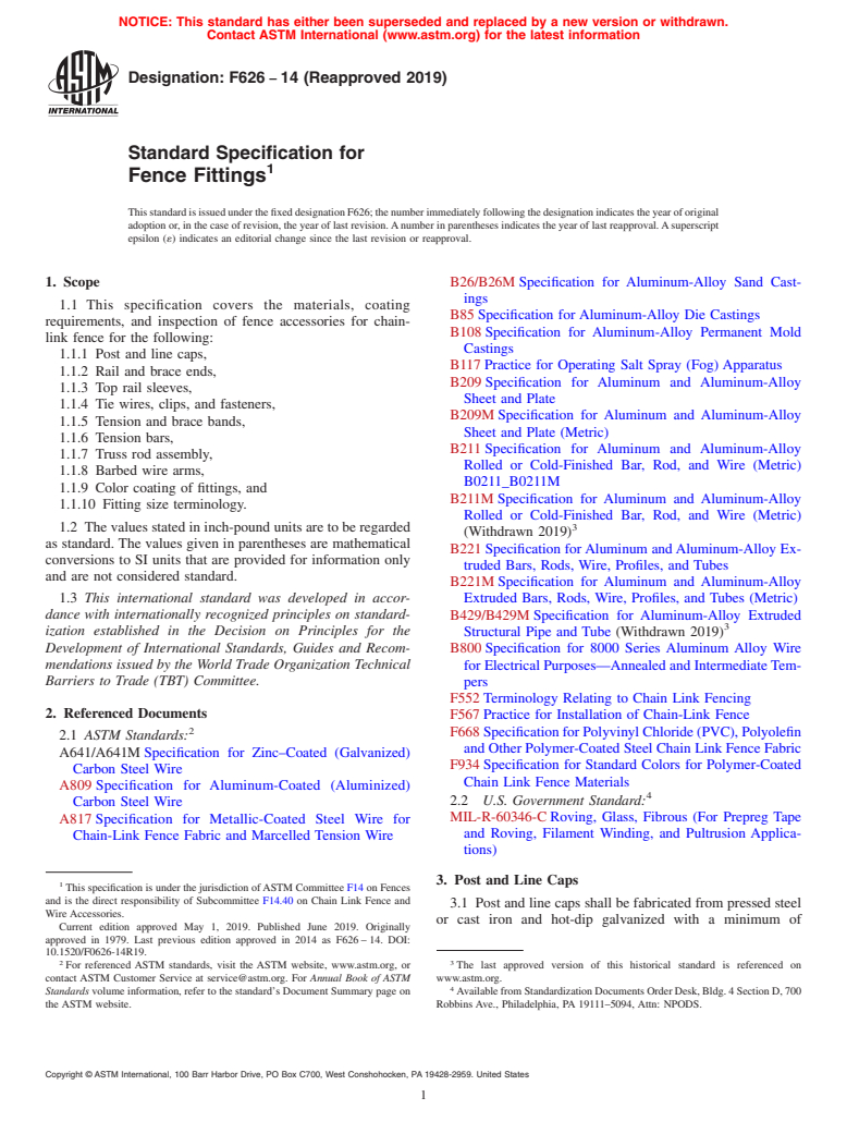 ASTM F626-14(2019) - Standard Specification for  Fence Fittings