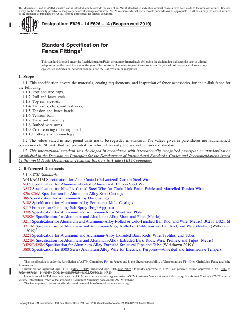 REDLINE ASTM F626-14(2019) - Standard Specification for  Fence Fittings