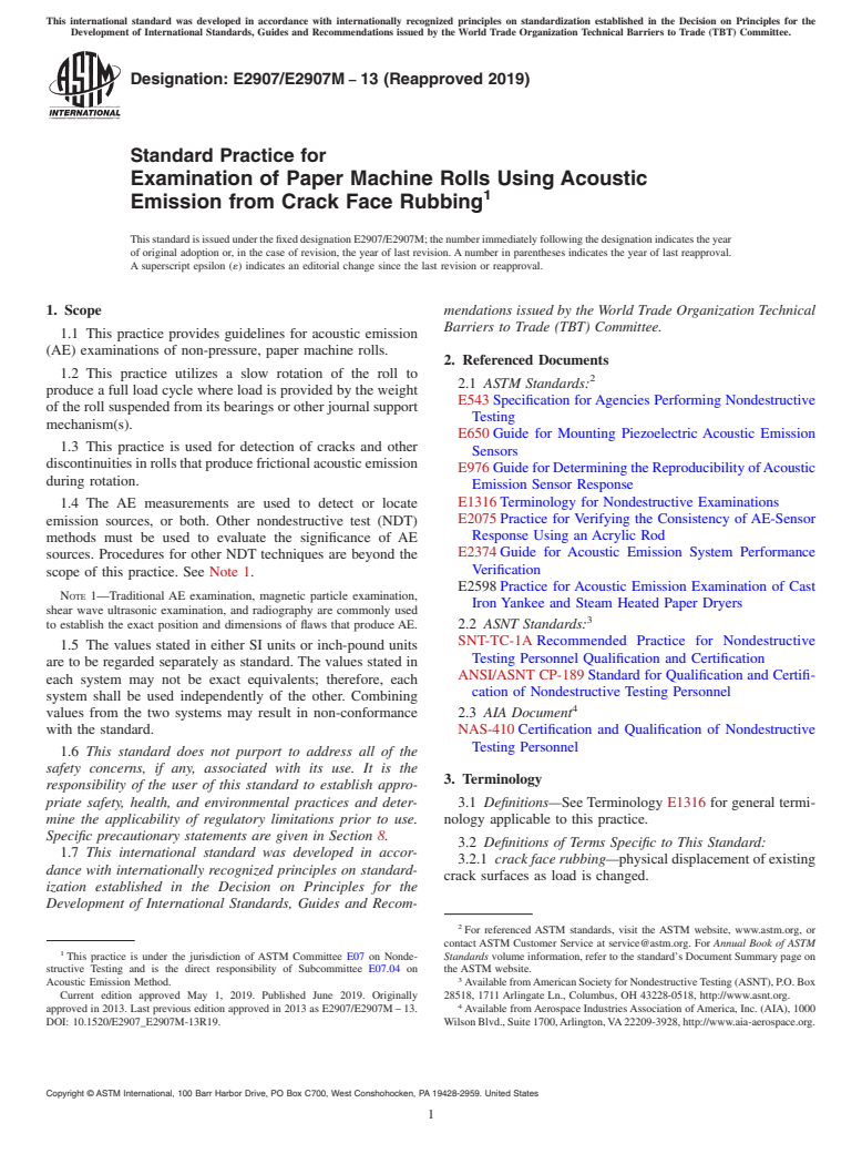 ASTM E2907/E2907M-13(2019) - Standard Practice for Examination of Paper Machine Rolls Using Acoustic Emission  from Crack Face Rubbing