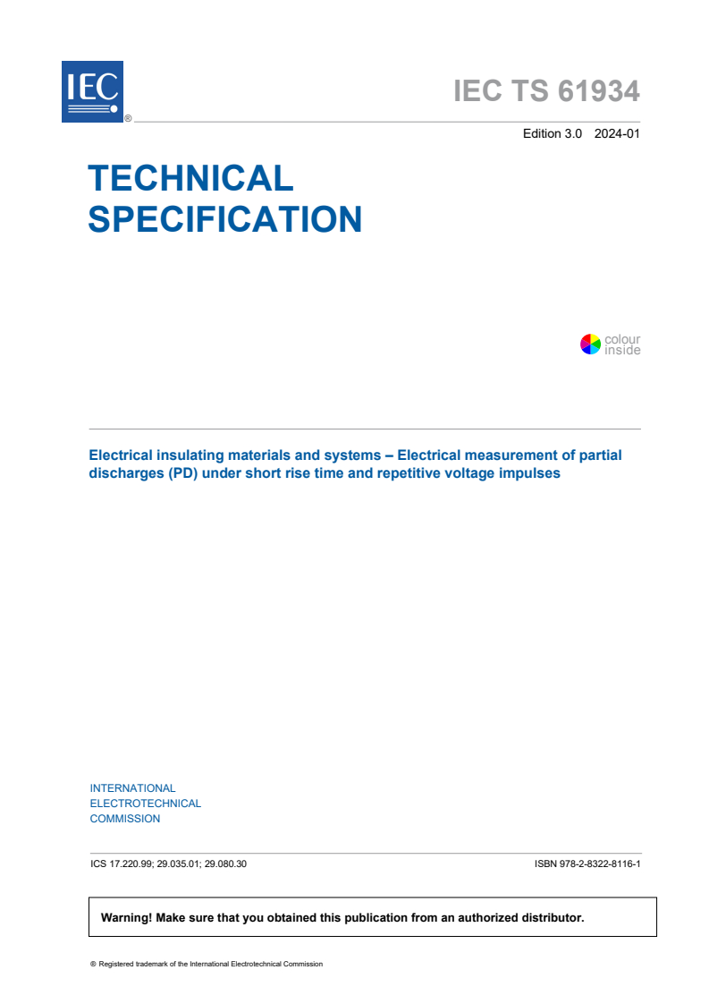 IEC TS 61934:2024 - Electrical insulating materials and systems - Electrical measurement of partial discharges (PD) under short rise time and repetitive voltage impulses
Released:26. 01. 2024