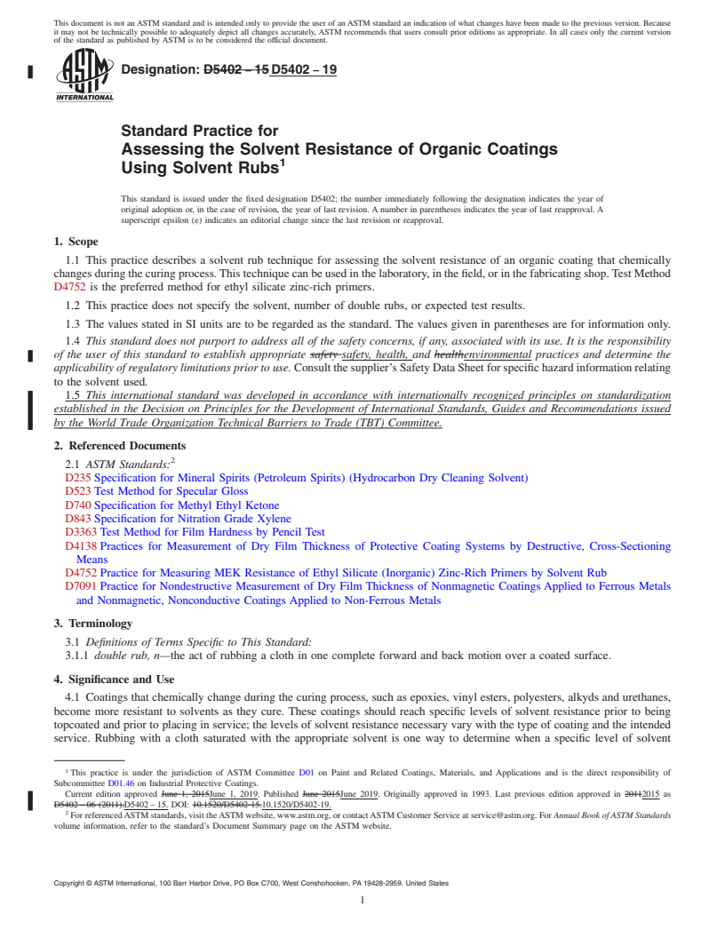 REDLINE ASTM D5402-19 - Standard Practice for Assessing the Solvent Resistance of Organic Coatings Using   Solvent   Rubs
