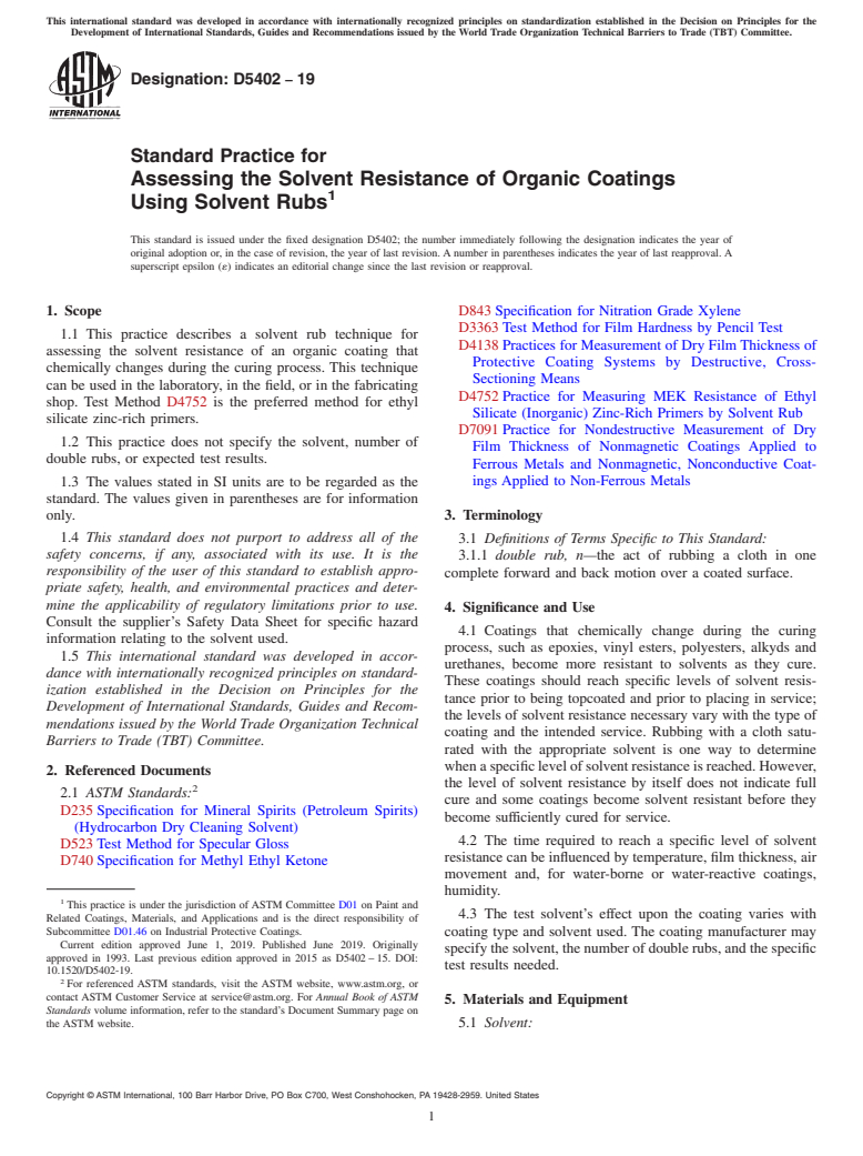 ASTM D5402-19 - Standard Practice for Assessing the Solvent Resistance of Organic Coatings Using   Solvent   Rubs