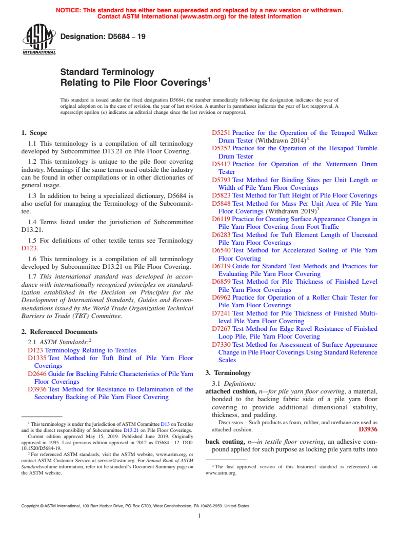 ASTM D5684-19 - Standard Terminology  Relating to Pile Floor Coverings
