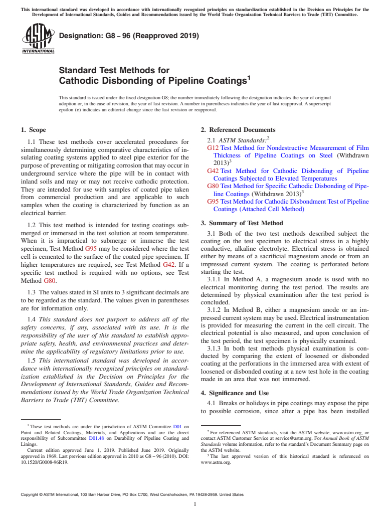 ASTM G8-96(2019) - Standard Test Methods for Cathodic Disbonding of Pipeline Coatings