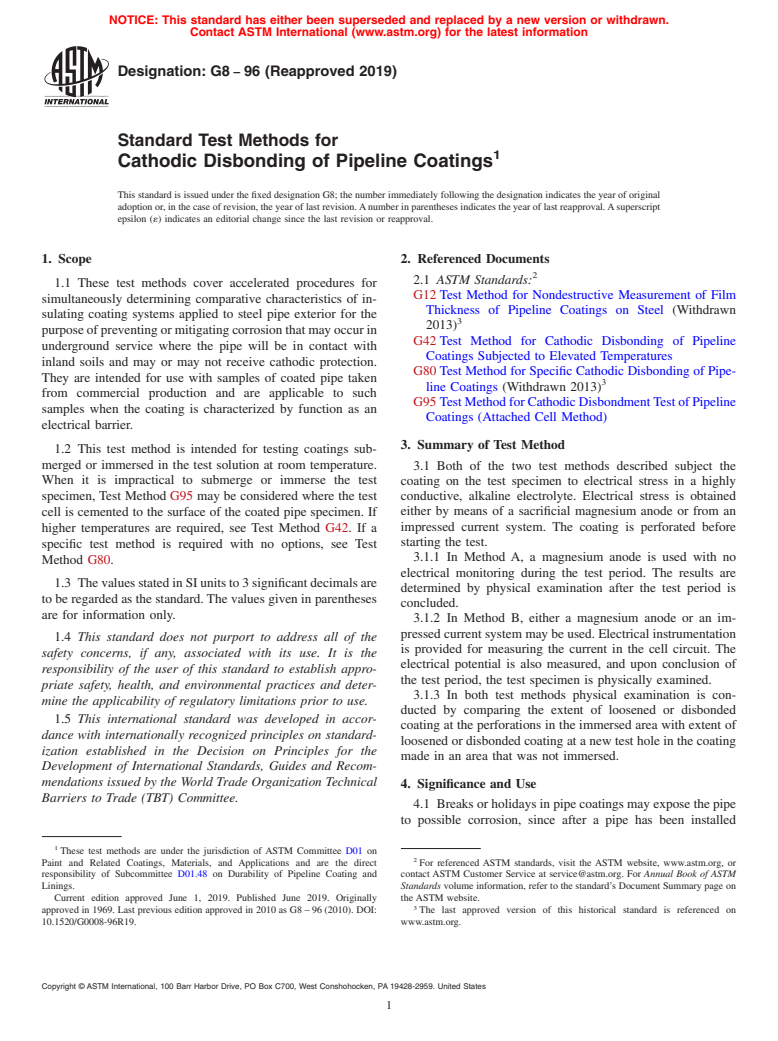 ASTM G8-96(2019) - Standard Test Methods for Cathodic Disbonding of Pipeline Coatings