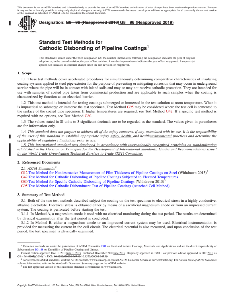 REDLINE ASTM G8-96(2019) - Standard Test Methods for Cathodic Disbonding of Pipeline Coatings