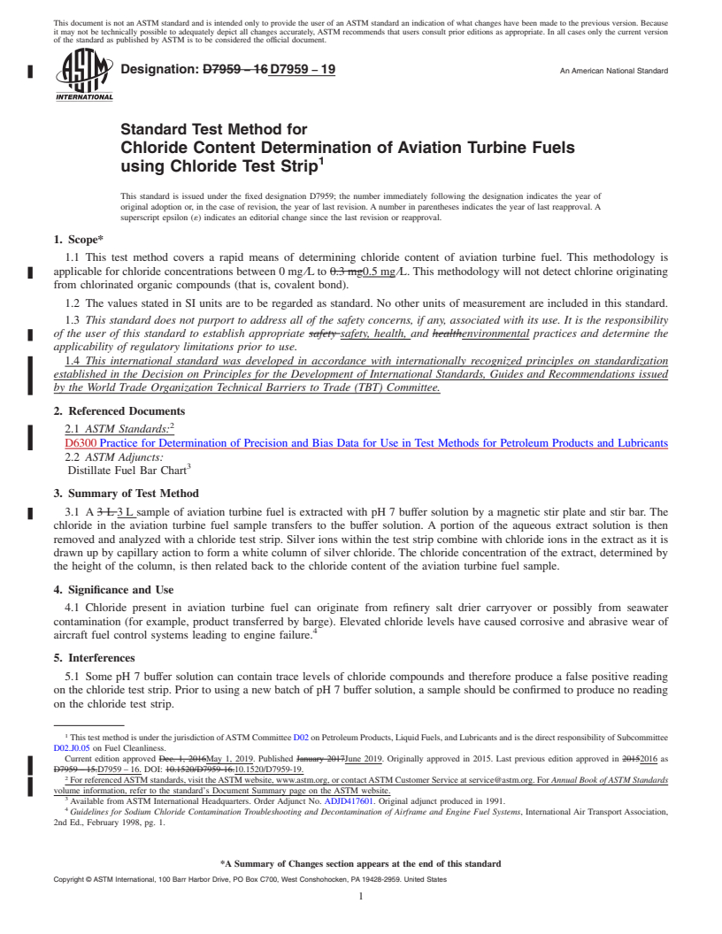 REDLINE ASTM D7959-19 - Standard Test Method for Chloride Content Determination of Aviation Turbine Fuels using  Chloride Test Strip