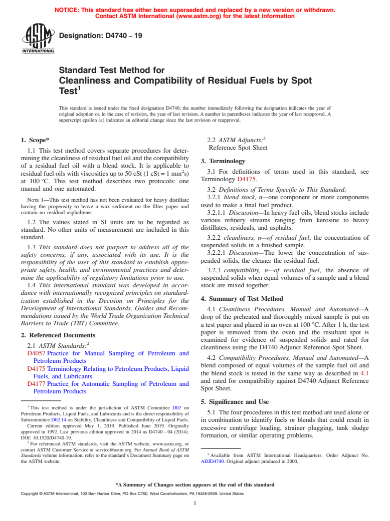 ASTM D4740-19 - Standard Test Method for Cleanliness and Compatibility of Residual Fuels by Spot Test