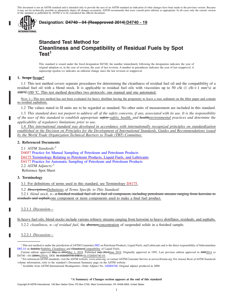 REDLINE ASTM D4740-19 - Standard Test Method for Cleanliness and Compatibility of Residual Fuels by Spot Test