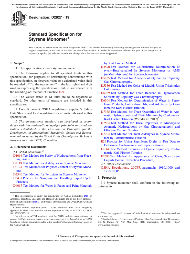 ASTM D2827-19 - Standard Specification for Styrene Monomer