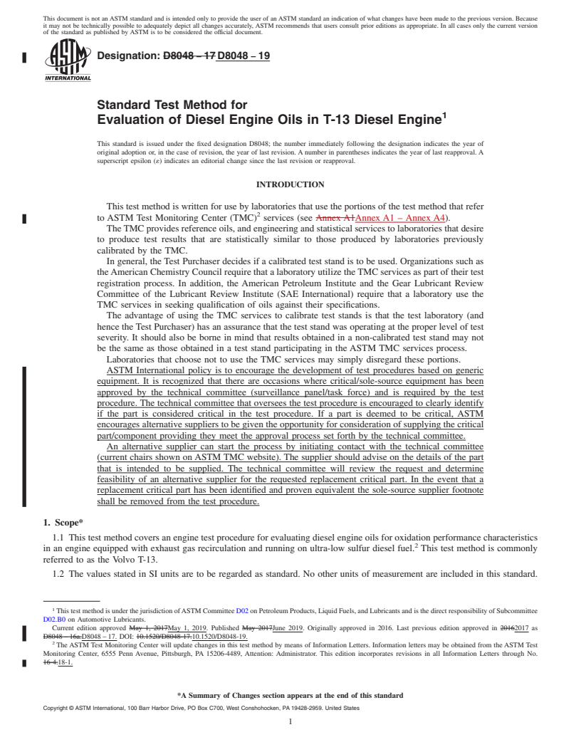 REDLINE ASTM D8048-19 - Standard Test Method for Evaluation of Diesel Engine Oils in T-13 Diesel Engine