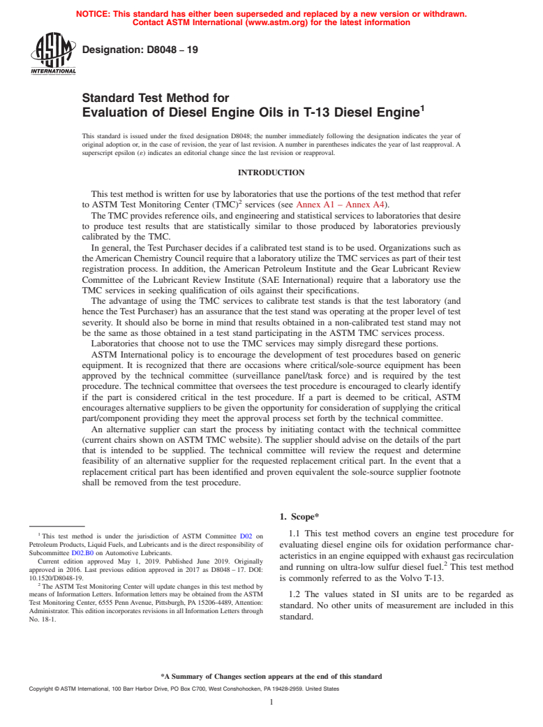 ASTM D8048-19 - Standard Test Method for Evaluation of Diesel Engine Oils in T-13 Diesel Engine