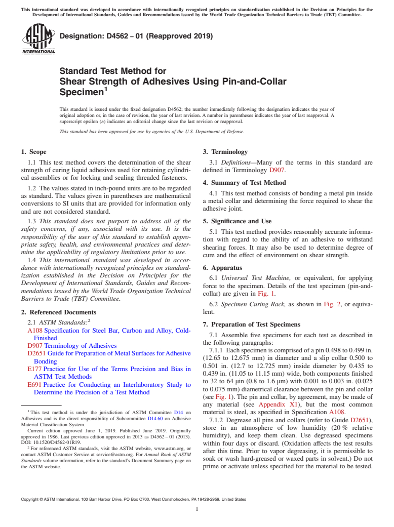 ASTM D4562-01(2019) - Standard Test Method for Shear Strength of Adhesives Using Pin-and-Collar Specimen