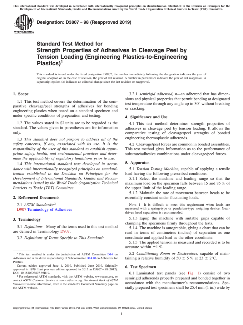 ASTM D3807-98(2019) - Standard Test Method for Strength Properties of Adhesives in Cleavage Peel by Tension  Loading (Engineering Plastics-to-Engineering Plastics)