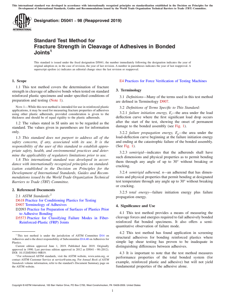 ASTM D5041-98(2019) - Standard Test Method for Fracture Strength in Cleavage of Adhesives in Bonded Joints