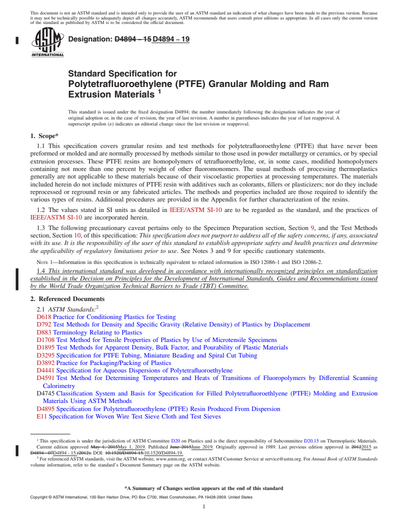 REDLINE ASTM D4894-19 - Standard Specification for  Polytetrafluoroethylene (PTFE) Granular Molding and Ram Extrusion  Materials