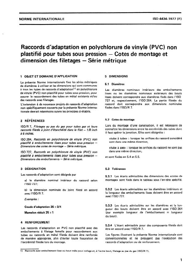 ISO 4434:1977 - Raccords d'adaptation en polychlorure de vinyle (PVC) non plastifié pour tubes sous pression -- Cotes de montage et dimension des filetages -- Série métrique