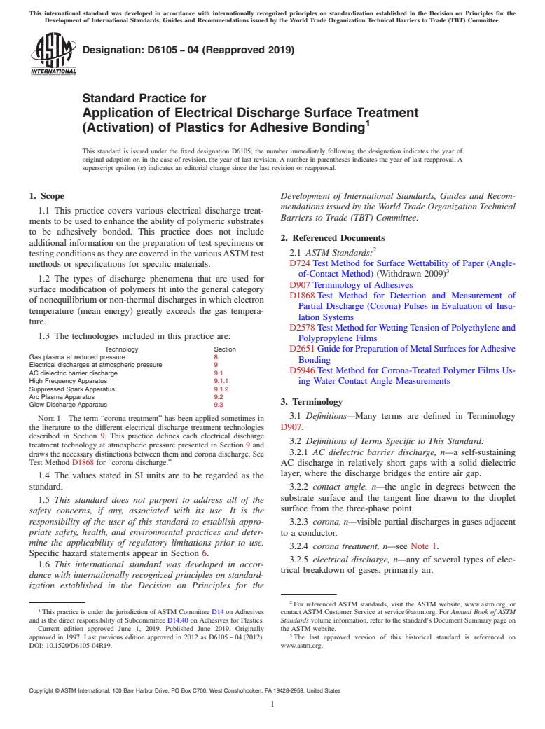 ASTM D6105-04(2019) - Standard Practice for Application of Electrical Discharge Surface Treatment (Activation)  of Plastics for Adhesive Bonding