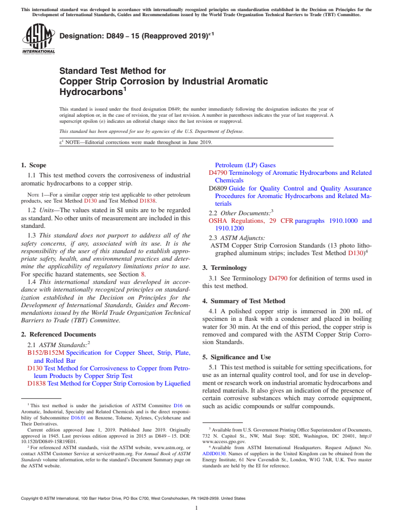 ASTM D849-15(2019)e1 - Standard Test Method for Copper Strip Corrosion by Industrial Aromatic Hydrocarbons