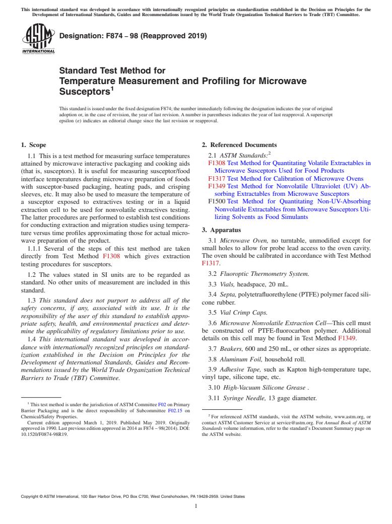 ASTM F874-98(2019) - Standard Test Method for  Temperature Measurement and Profiling for Microwave Susceptors