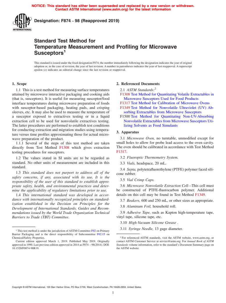 ASTM F874-98(2019) - Standard Test Method for  Temperature Measurement and Profiling for Microwave Susceptors (Withdrawn 2024)