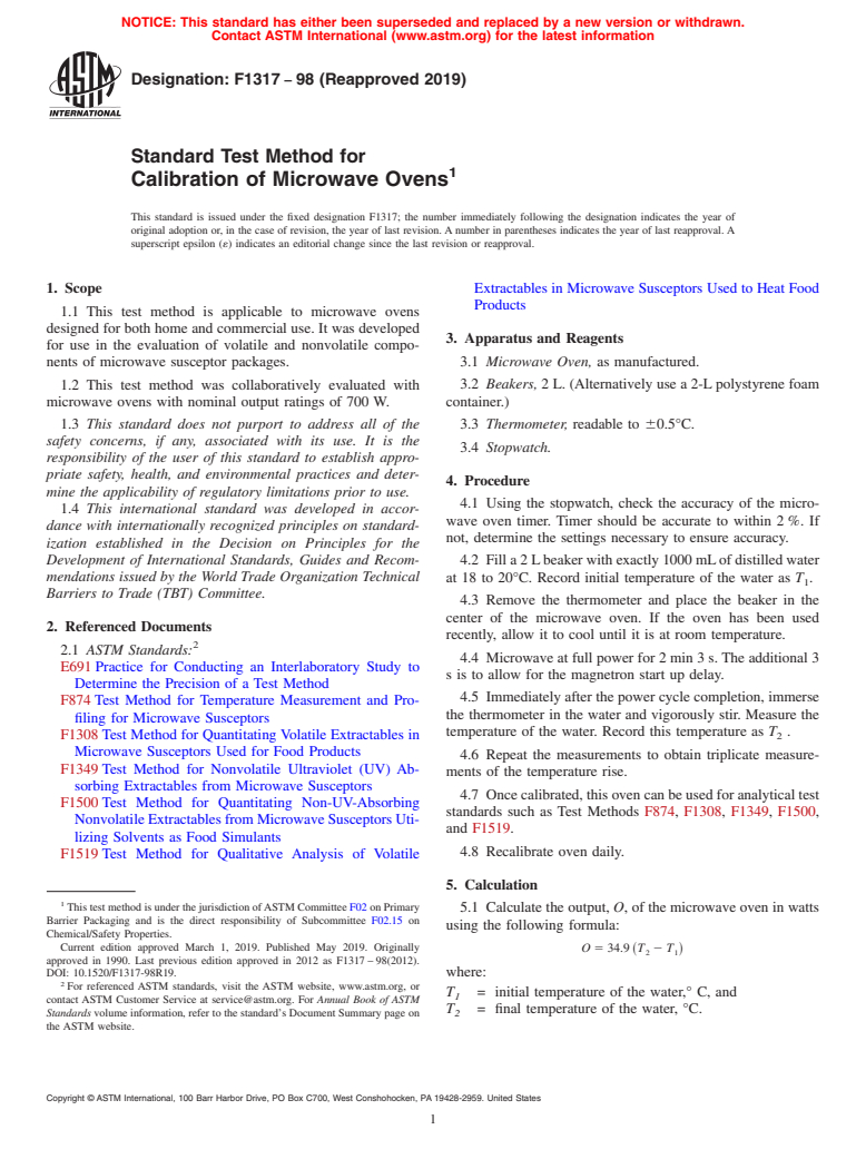 ASTM F1317-98(2019) - Standard Test Method for  Calibration of Microwave Ovens (Withdrawn 2024)