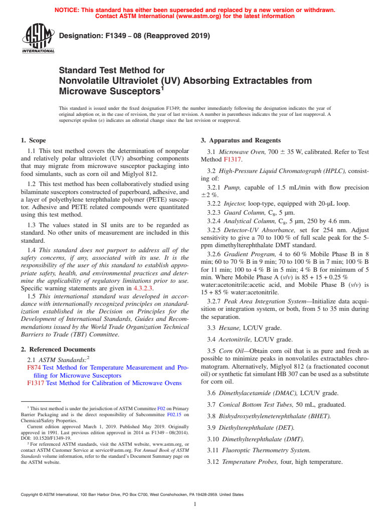 ASTM F1349-08(2019) - Standard Test Method for  Nonvolatile Ultraviolet (UV) Absorbing Extractables from Microwave  Susceptors (Withdrawn 2024)