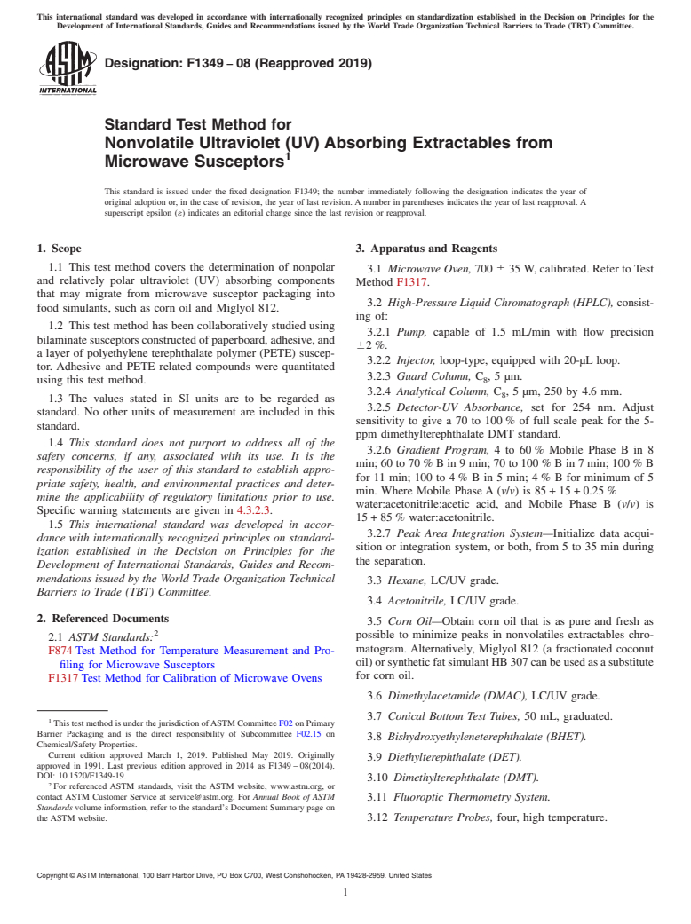 ASTM F1349-08(2019) - Standard Test Method for  Nonvolatile Ultraviolet (UV) Absorbing Extractables from Microwave  Susceptors