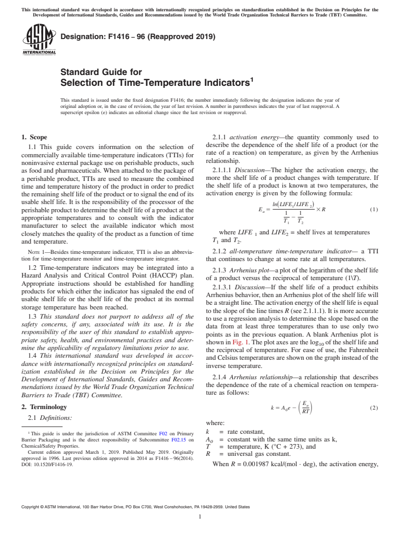 ASTM F1416-96(2019) - Standard Guide for  Selection of Time-Temperature Indicators