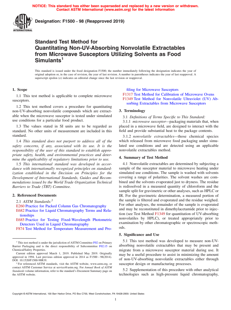 ASTM F1500-98(2019) - Standard Test Method for  Quantitating Non-UV-Absorbing Nonvolatile Extractables from  Microwave Susceptors Utilizing Solvents as Food Simulants (Withdrawn 2024)
