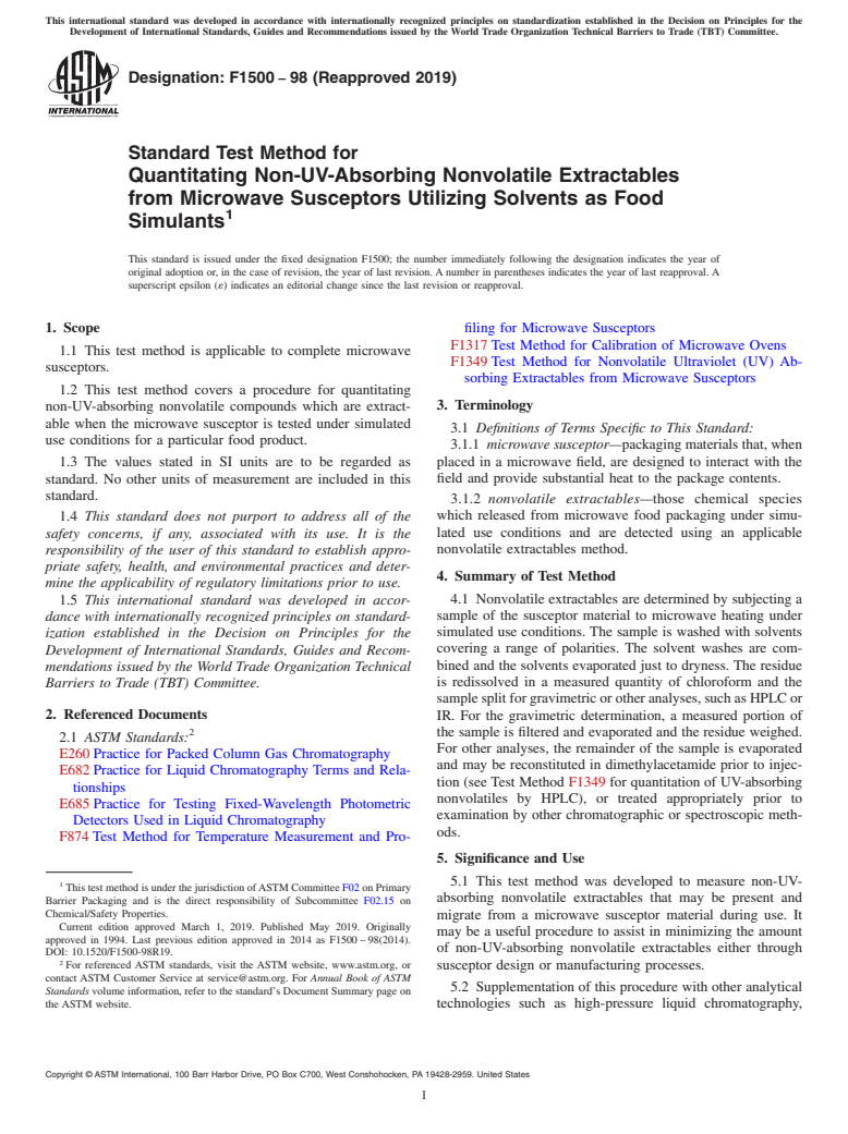 ASTM F1500-98(2019) - Standard Test Method for  Quantitating Non-UV-Absorbing Nonvolatile Extractables from  Microwave Susceptors Utilizing Solvents as Food Simulants